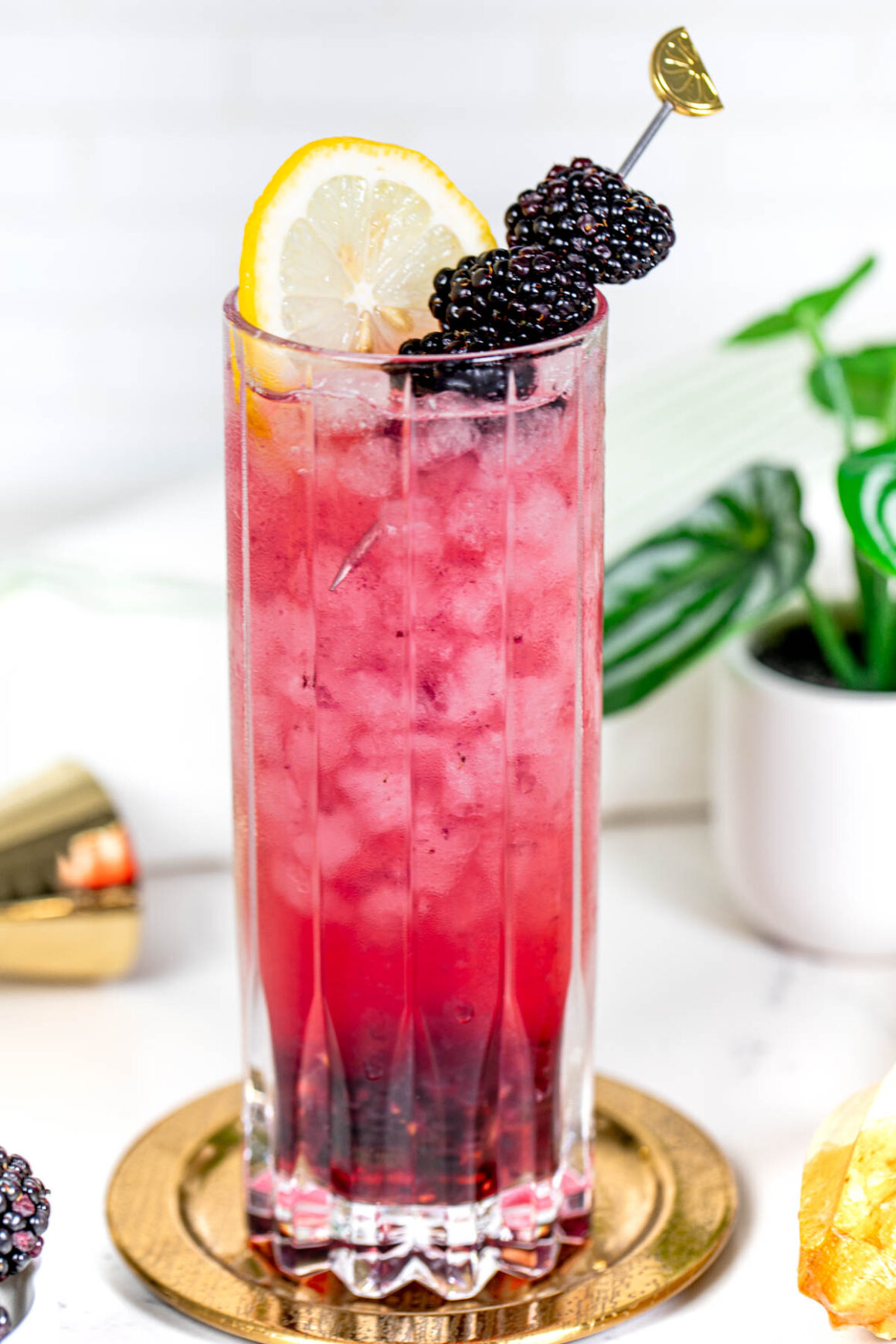 close up of a collins glass with a blackberry drink with a skewer of blackberries