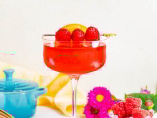 A bright red cocktail garnished with an orange slice and raspberries on a gold skewer sits in a coupe glass. Nearby are fresh raspberries, a sliced orange, pink flowers, and a green monstera leaf in the background.