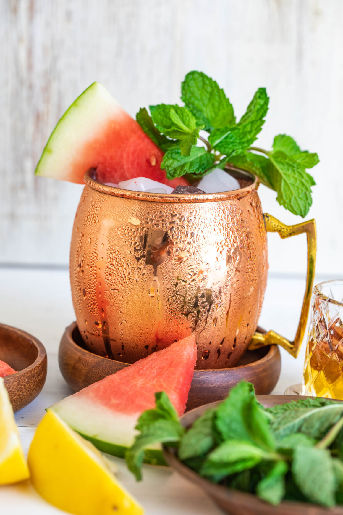 Copper mug with a watermelon cocktail