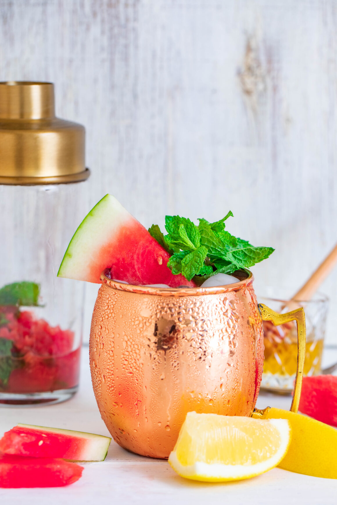 view of a copper mug with a watermelon cocktail