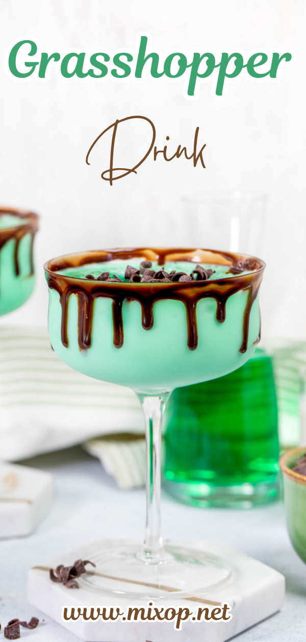 green cocktail into a martini glass with melted chocolate on the rim