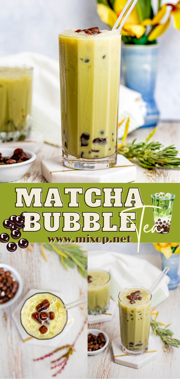 collage of green bubble tea mocktail