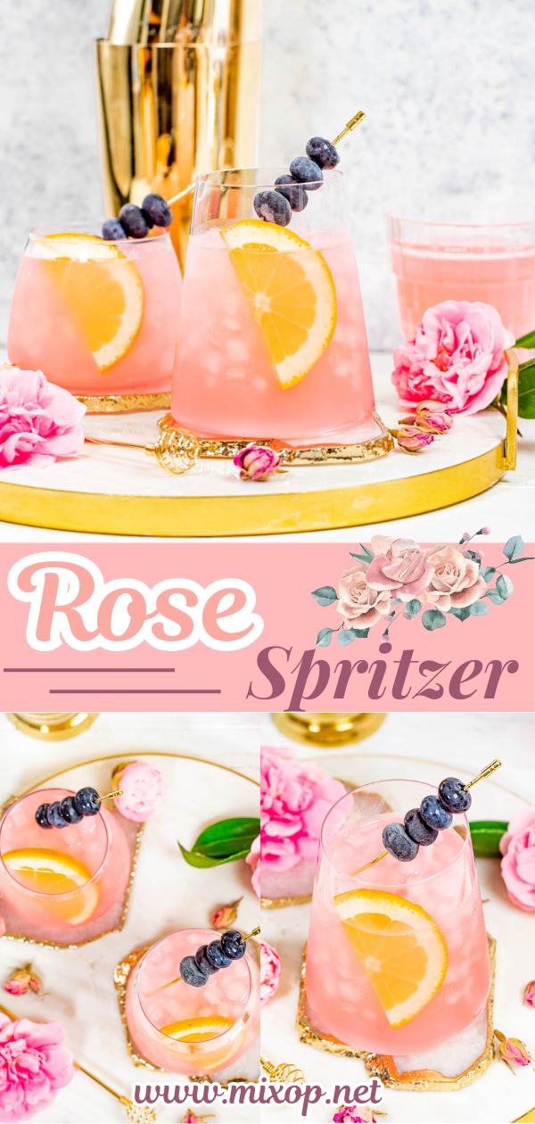 collage of 3 photos of rose spritzer recipe for pinterest
