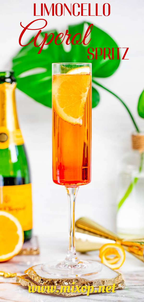 photo for 1 cocktail made with champagne, limoncello and aperol with a orange wedge like garnish