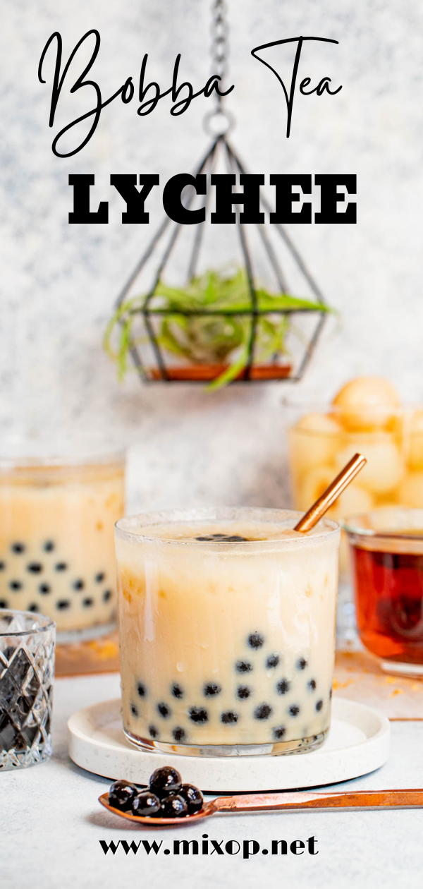 one glass of lychhe bubble tea recipe for pinterest format