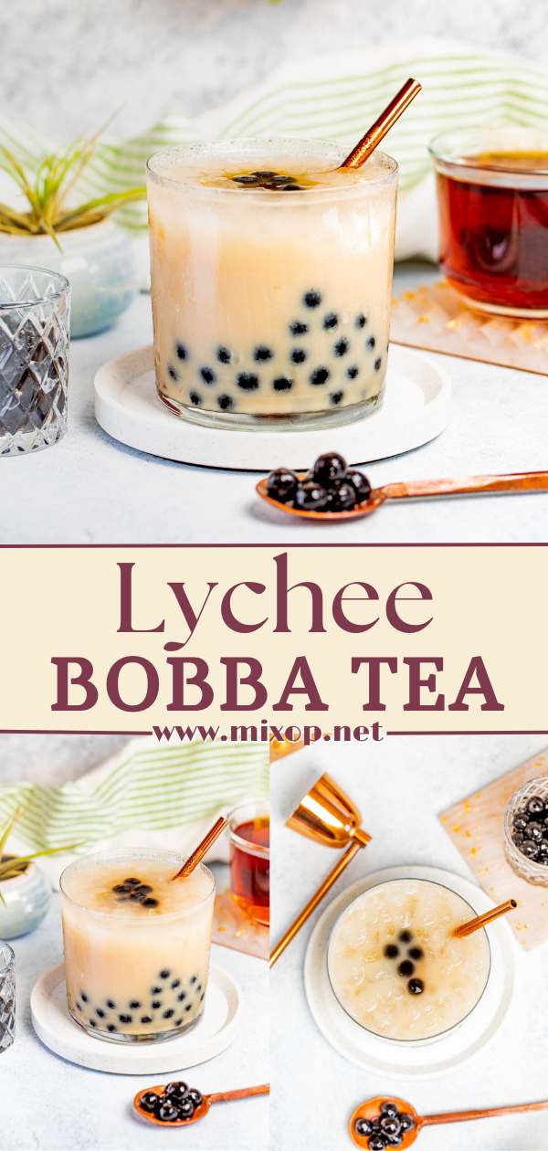 3 diferent views of lychee tea drink in a pinterest format 
