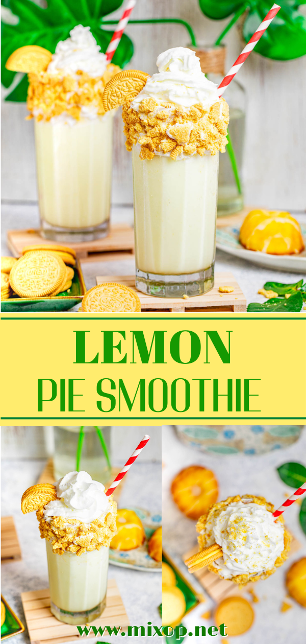 3 different photos of lemon pie smoothie recipe 
