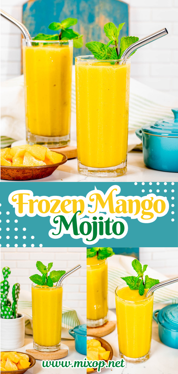 3 different photos of frozen mango mojito cocktails